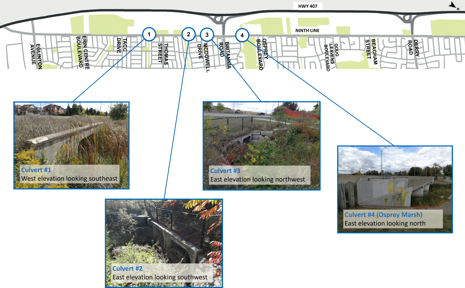 Map demonstrating the watercourse crossings along the study area